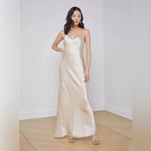 BIRDY Grey Satin-Look Champagne Maxi Slip Dress with  Slit Size M